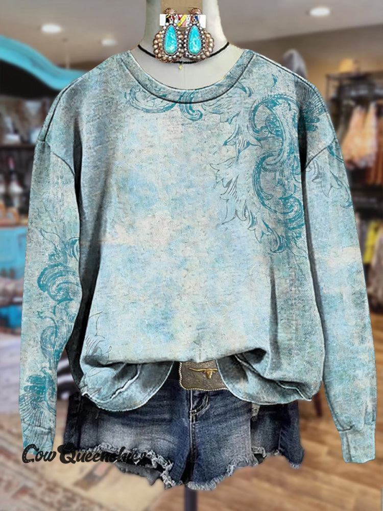 Vintage Gray Blue Textured Print Crewneck Comfort Sweatshirt / S