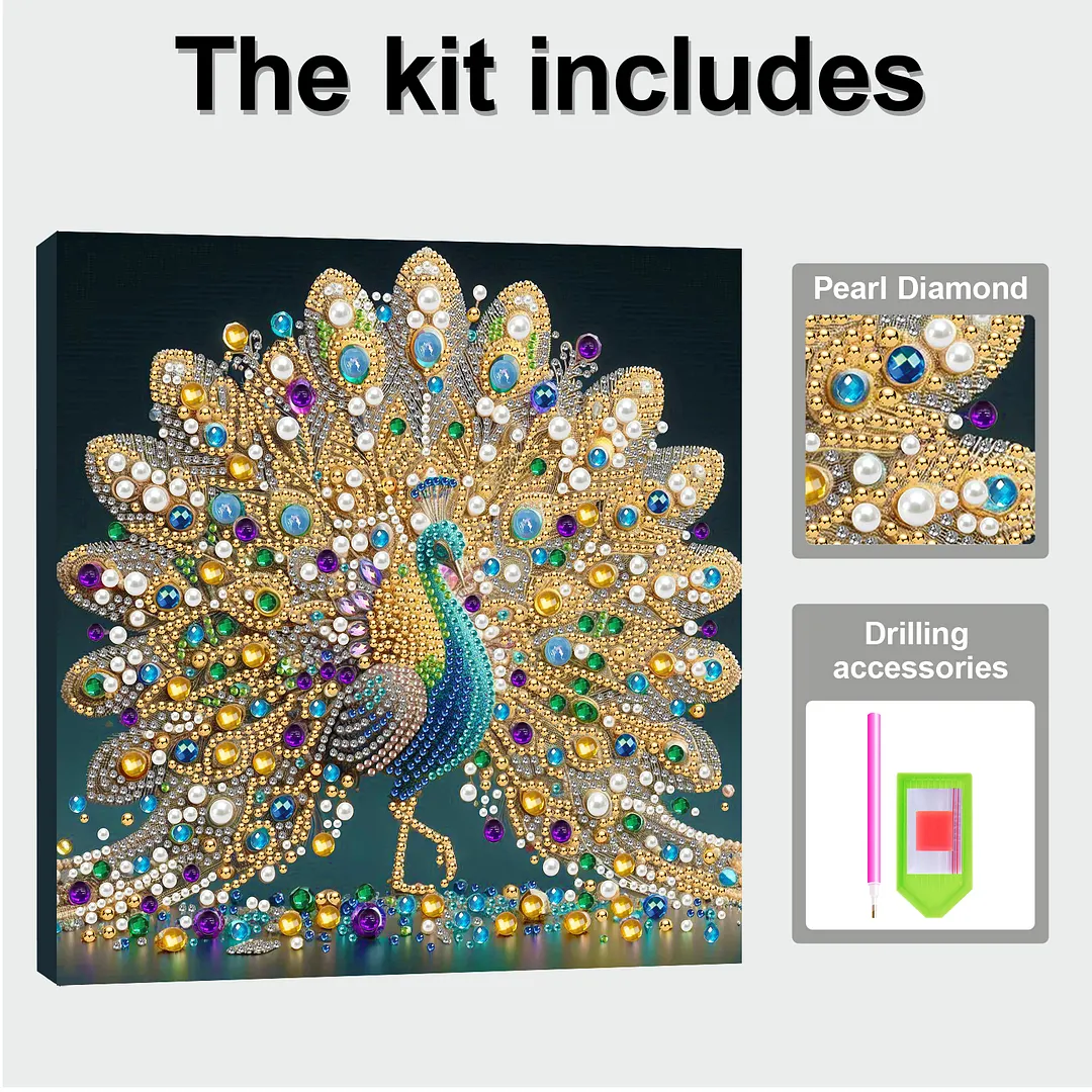 Peacock DIY Art Craft Pearl Diamond Painting with Frame 9.84x9.84in Diamond Art Pearl Painting Kit for Adults Beginners Gift Idea Home Wall Decor