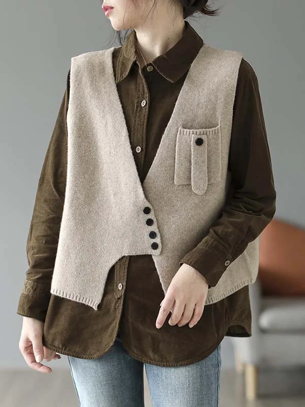 Artistic Retro Sleeveless Irregularity Buttoned V-Neck Vest Top