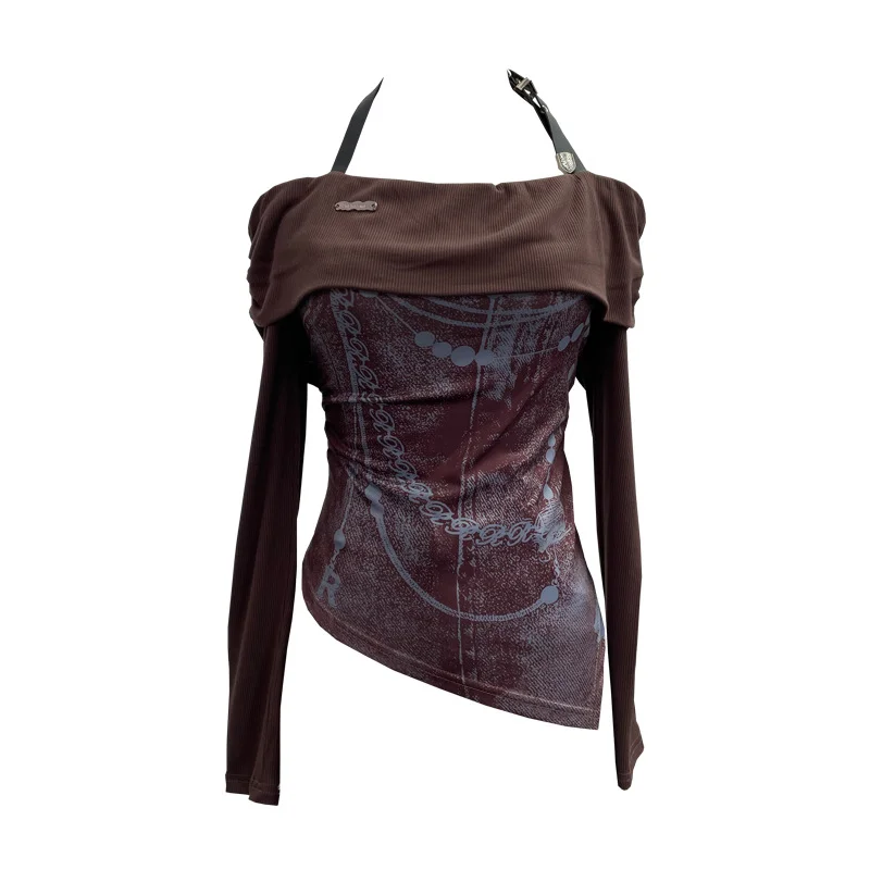 Uveng Vintage Print Shoulder Irregular Long-Sleeved T-Shirt Hanging Neck Slim Thin Short Bottom Top 2662