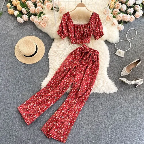 FTLZZ Summer Women Holiday Style Chiffon Printing Two Piece Set Short Shirt High Waist Wide Leg Pants Ladies Idyllic Style Sets