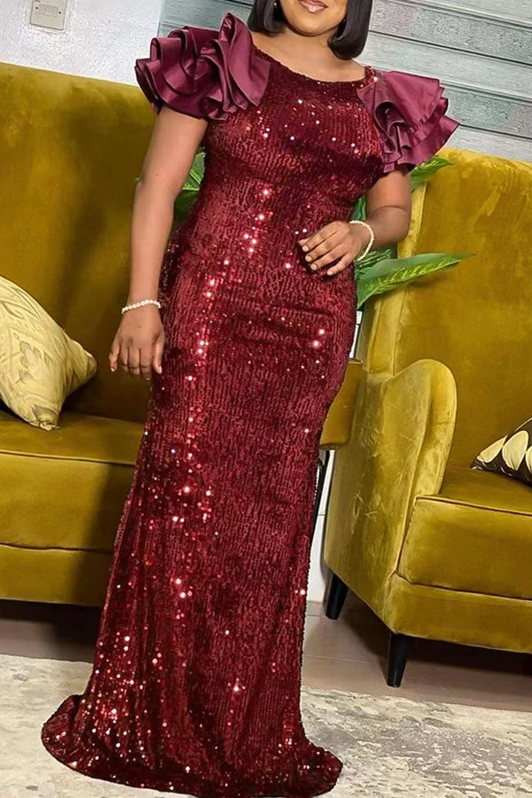 Sequined Glamorous Ruffle Sleeve Maxi Dress