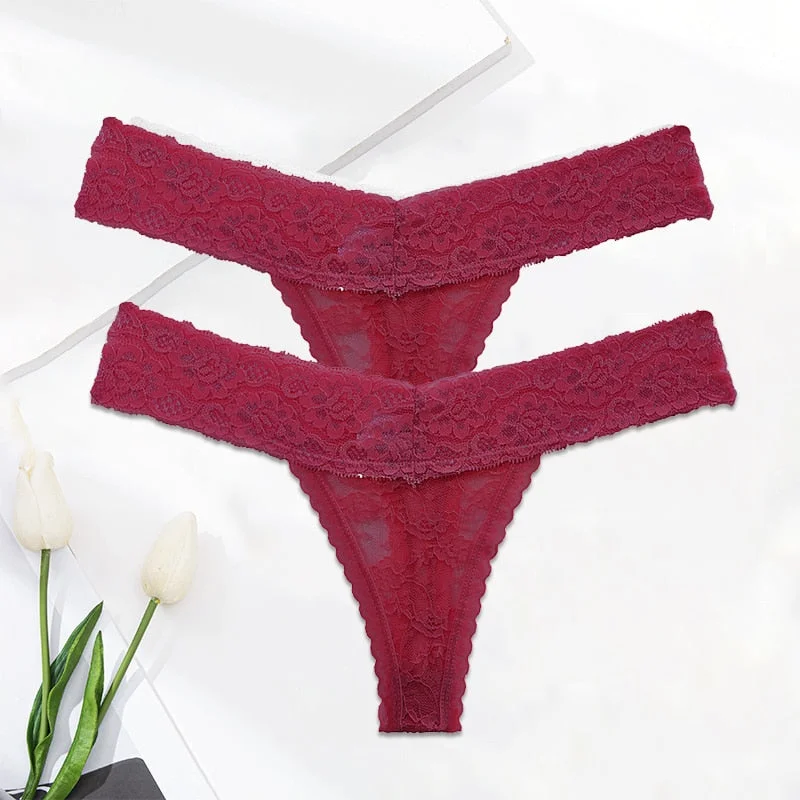 FINETOO 2PCS/Set M-XL Lace G-string Thong Panties for Woman Sexy Floral Underwear Transparent Women's Underpants Female Lingerie