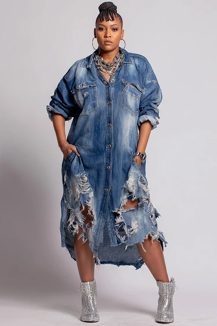 Xpluswear Design Plus Size Daily Blue Shirt Collar Long Sleeve Ripped Pocket Denim Shirt Dresses [Pre-Order] 2024 - Xpluswear