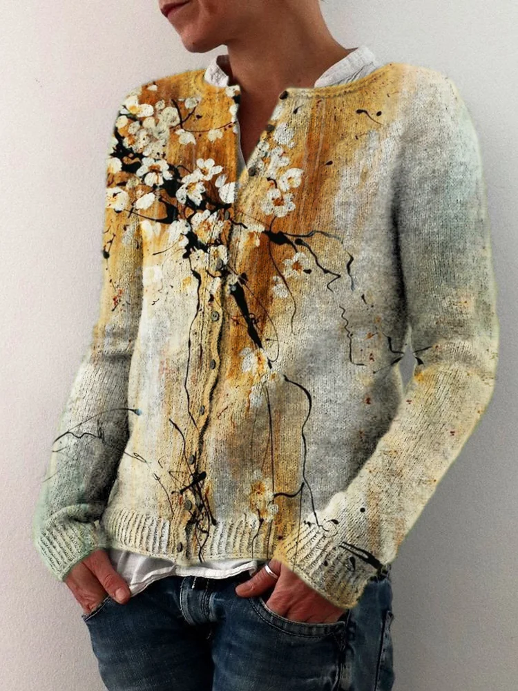 Vintage Ink Flower Print Women's Knit Sweater