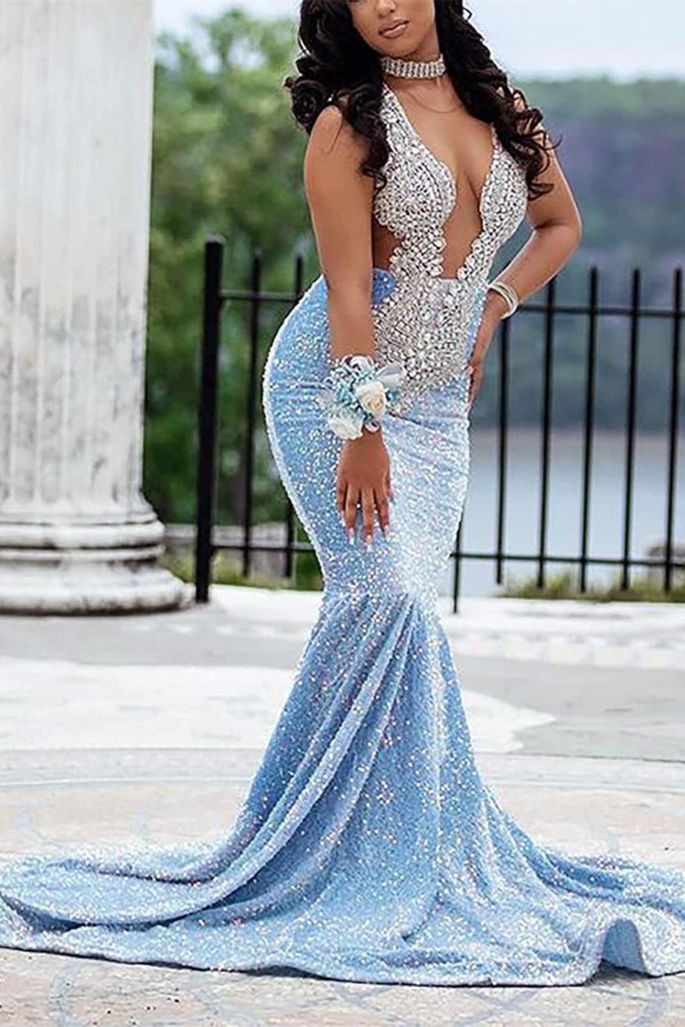 Luluslly Light Blue Sequins Prom Dress mermaid Sleeveless With Crystal