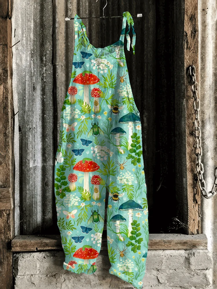 Vintage Forest Insect Print Casual Jumpsuit