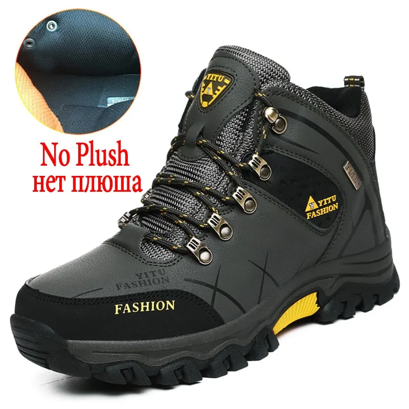 Brand Men's Snow Boots Winter Plush Warm Mens Ankle Boots Waterproof Leather Sneakers Outdoor Male Hiking Boots Work Shoes 39-47