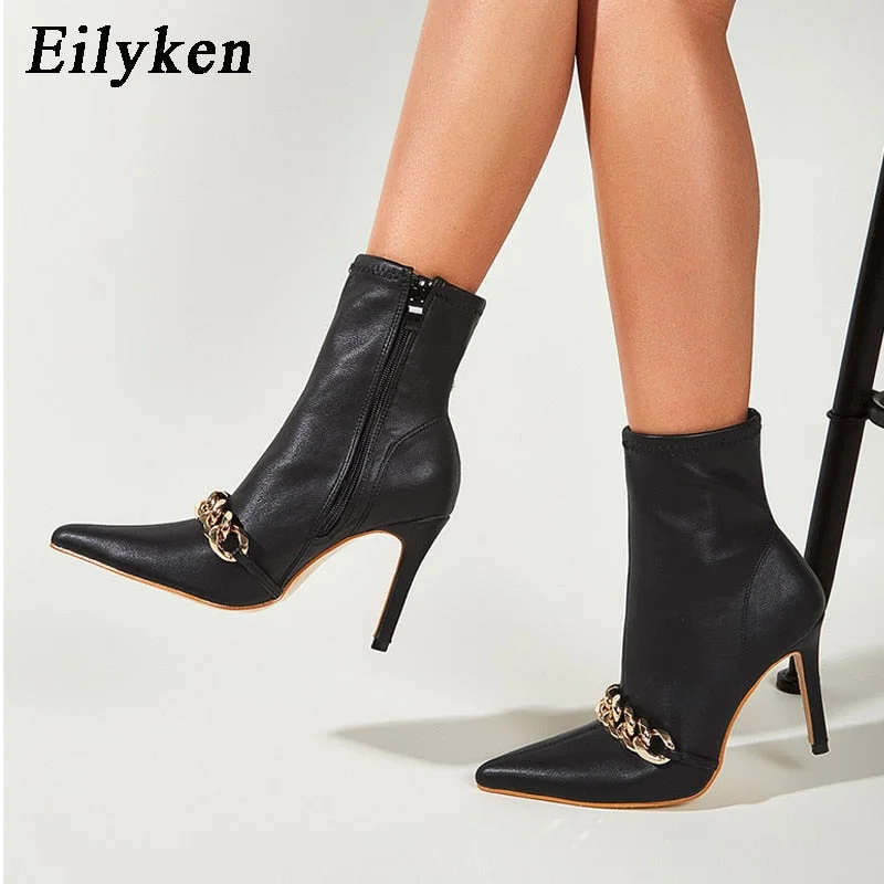 Eilyken 2022 Spring High Quality Soft PU Leather Boots Women Pointed Toe Chain Pumps Heels Fashion Ladies Party Shoes