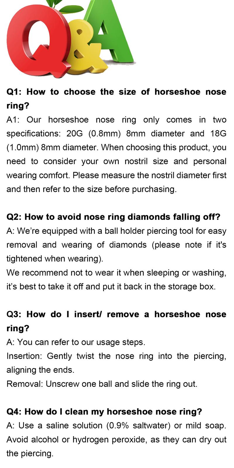 20G(0.8mm)/18G(1.0mm) 8mm Horseshoe Nose Hoop Internally Threaded Gems Nose Ring with Free Ball Holder