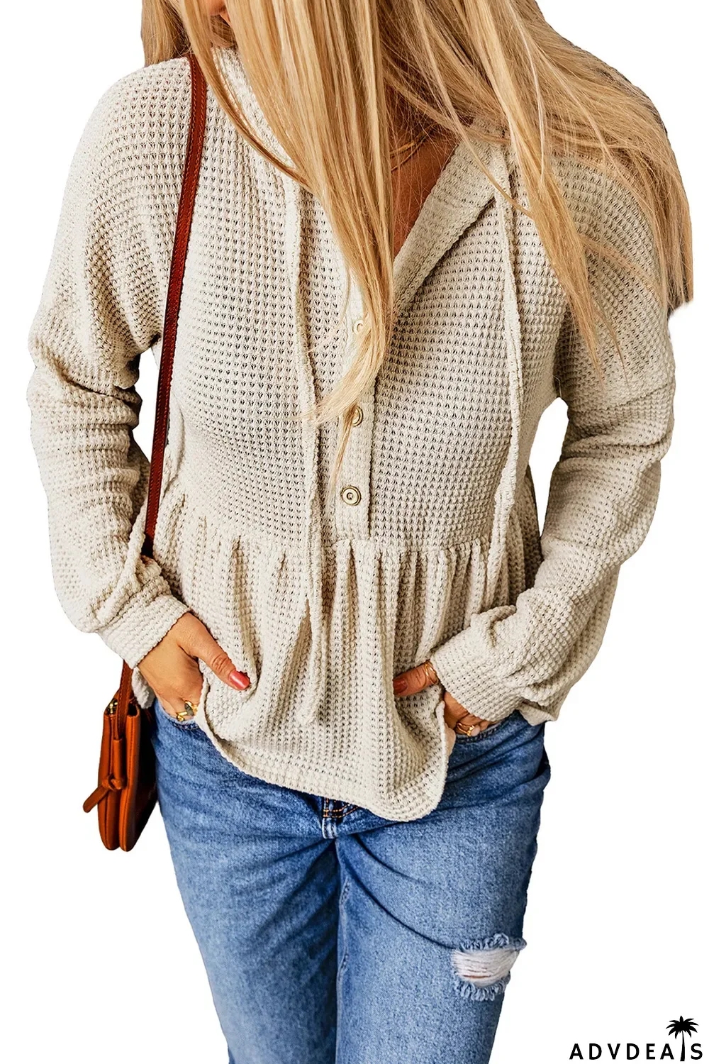 Apricot Waffle Knit Buttons Ruffled Hooded Top