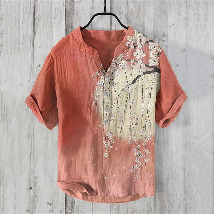 Cherry Blossoms & Moon Japanese Art Linen Blend Shirt
