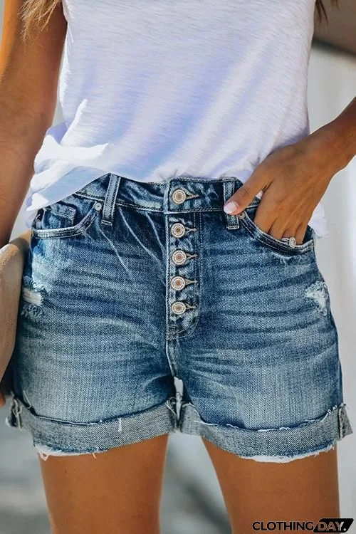 Button High Waist Denim Shorts