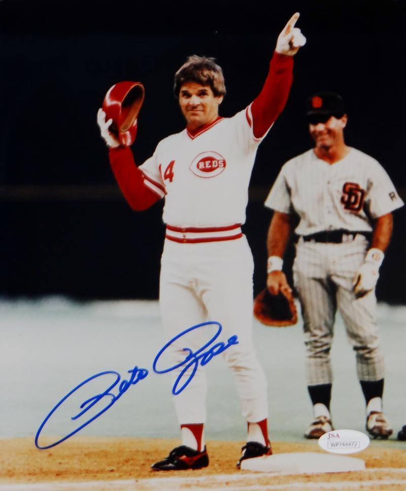 Pete Rose Signed 8x10 Cincinnati Reds On Base Pointing Photo Poster painting-JSA W Auth *Blue