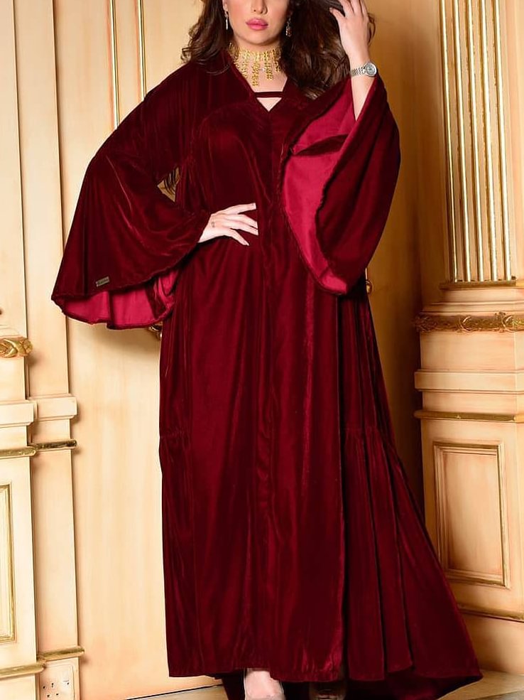 Red batwing sleeve velvet kaftan dress