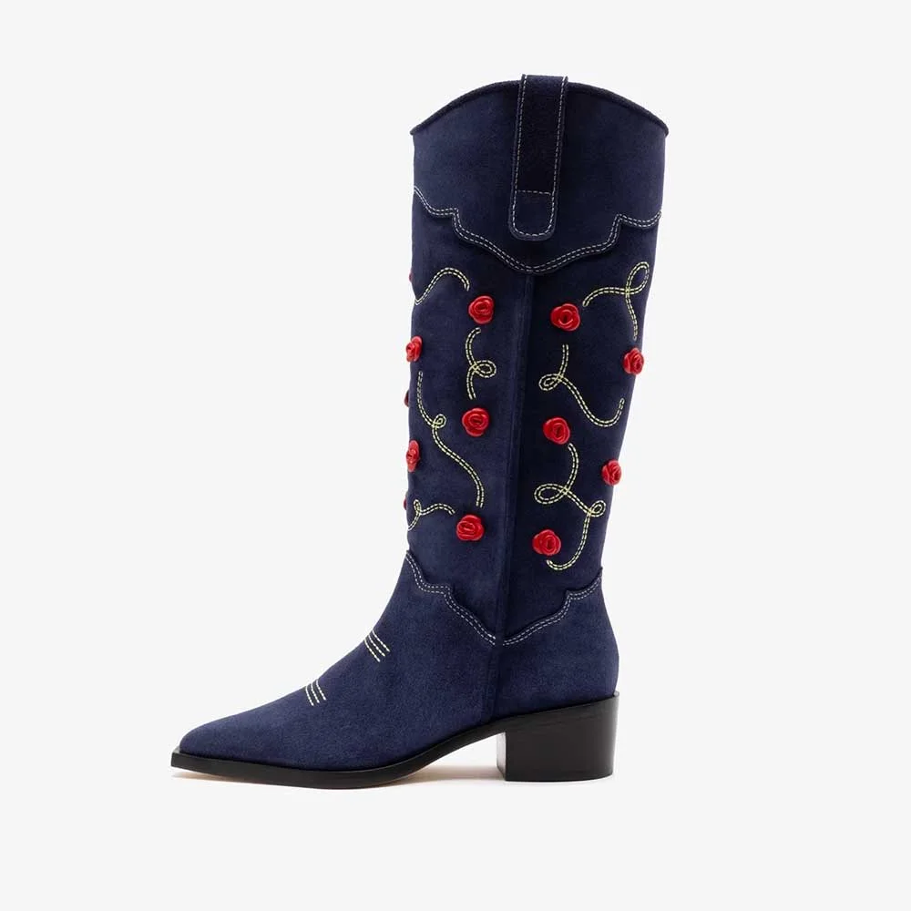 Navy Closed Toe Block Heel Embroidered Cowboy Boots with Flowers