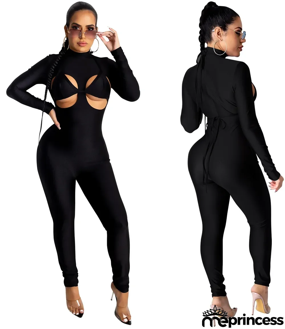 Autumn Party Plain Sexy Cut Out Chest Bodycon Jumpsuit