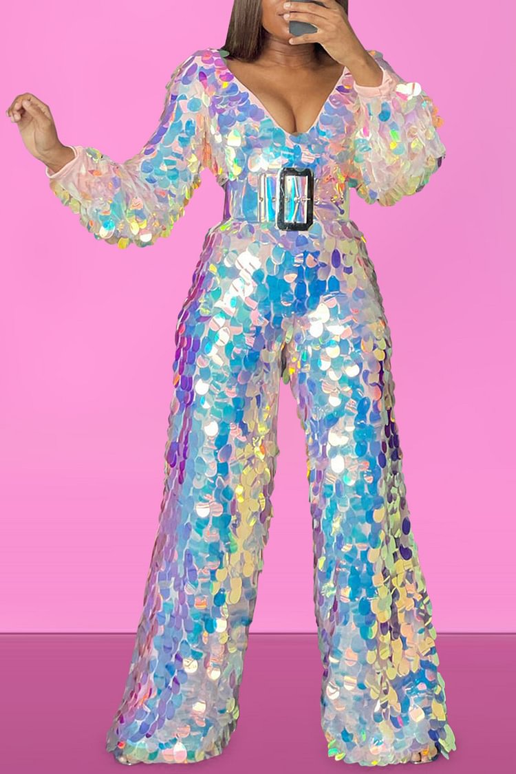 Xpluswear Plus Size Party Sparkly Iridescent Round Sequin Shining V Neck Wide Leg Jumpsuit (With Belt)