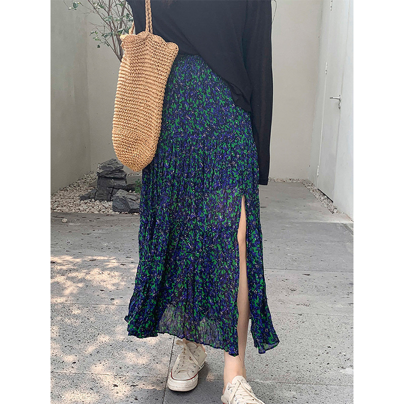 Ragparams event dresses for women luxury Vintage Floral Midi Skirt Women Sexy Slit Black Pleated Skirts Summer Streetwear Korean High Waist Split Casual A Line Skirt New