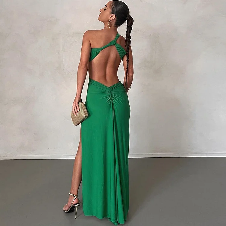 Sexy Solid Color Lace Up Ruffle Sloping Shoulder Irregular Dresses(3 Colors) main image 0
