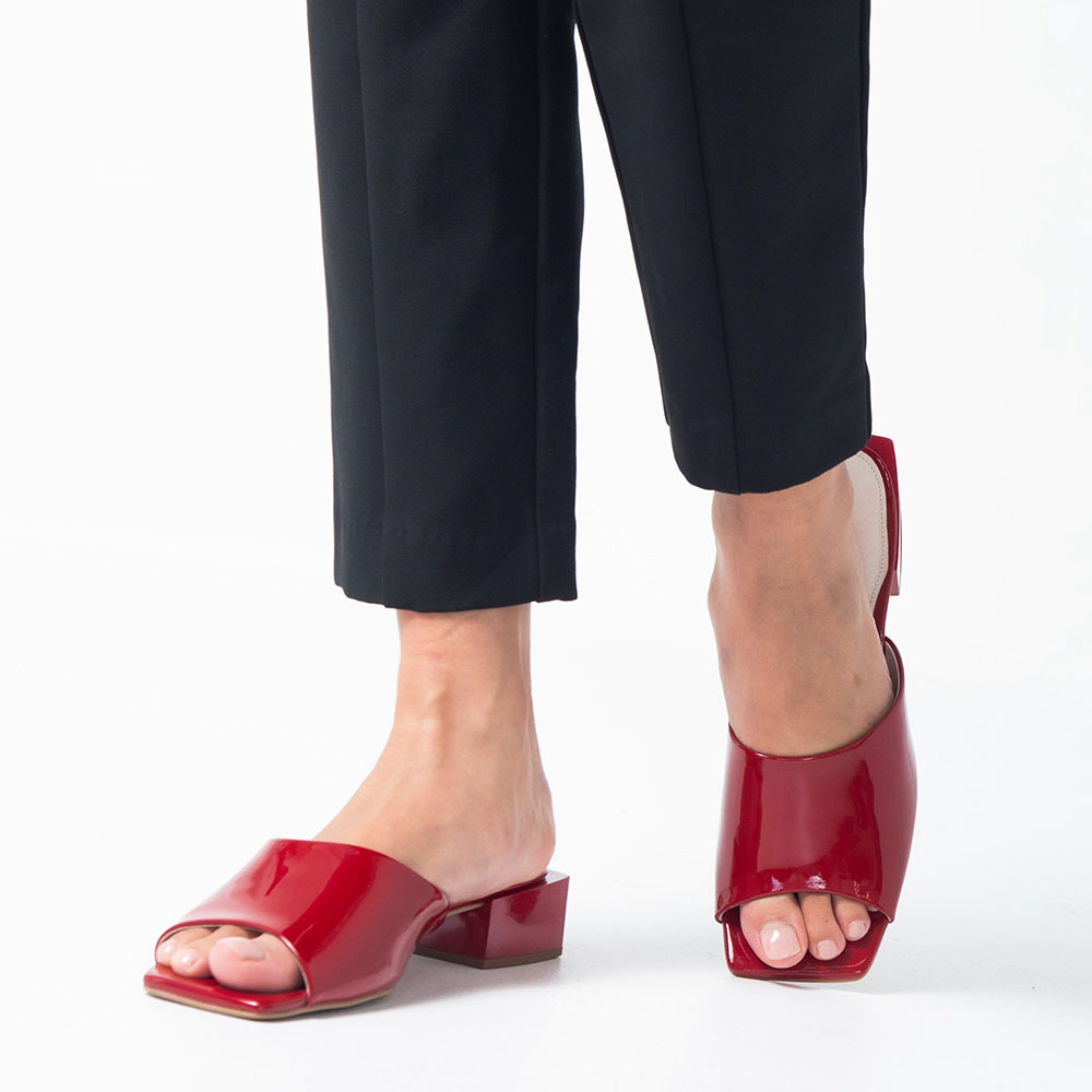 Maroon Square Toe Chunky Heel Wide Band Slip-On Mules Nicepairs