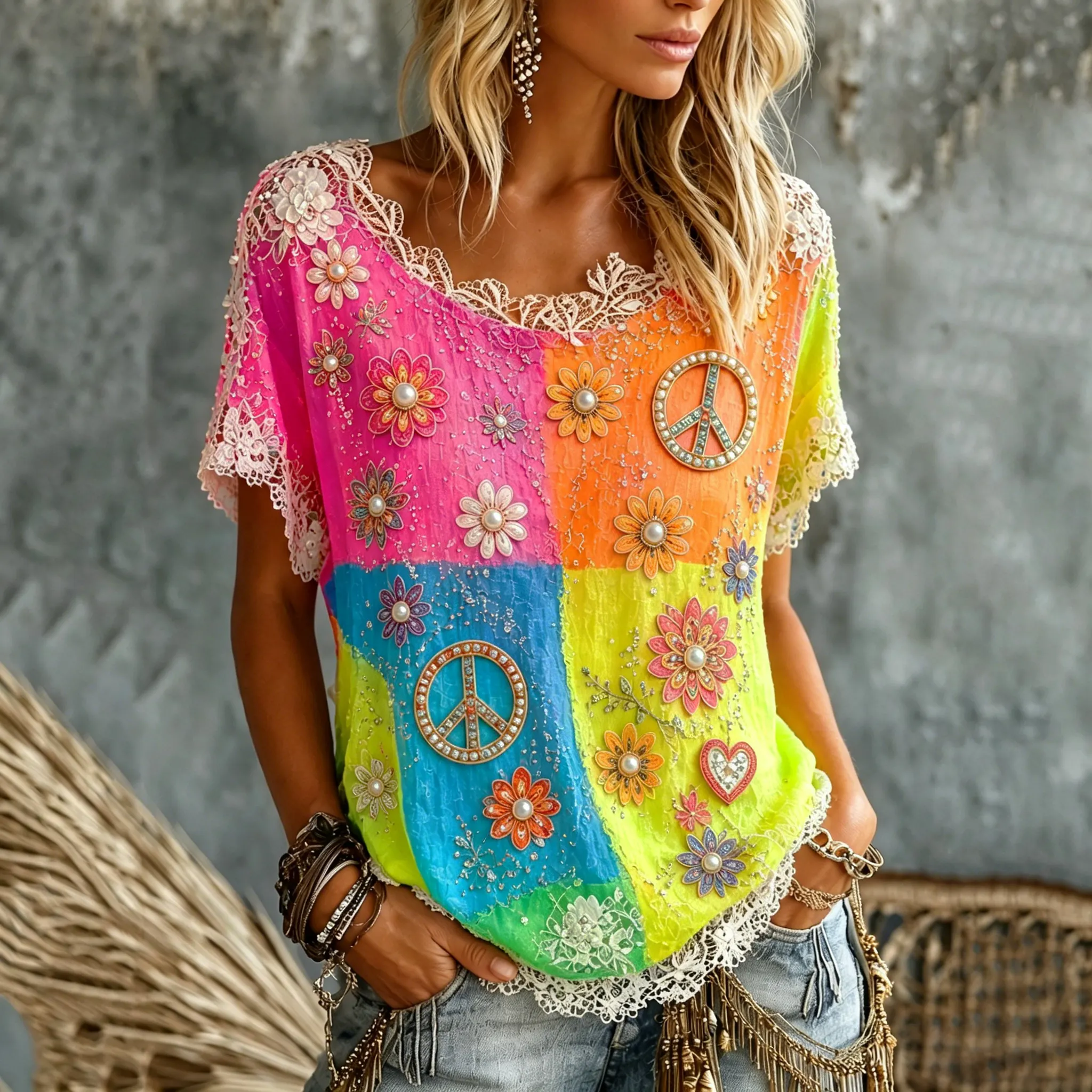 Women's Pearl Floral Peace Sign Tie Dye Art Print Casual T-shirt elevenforest