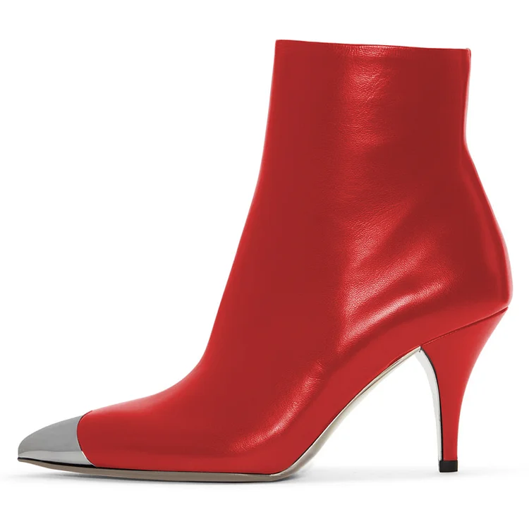 Red Vegan Boots Silver Metal Pointy Toe Chunky Heel Ankle Boots |FSJ Shoes