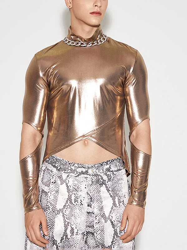 Aonga - Mens Shiny Metallic Cutout High Neck Crop J aonga