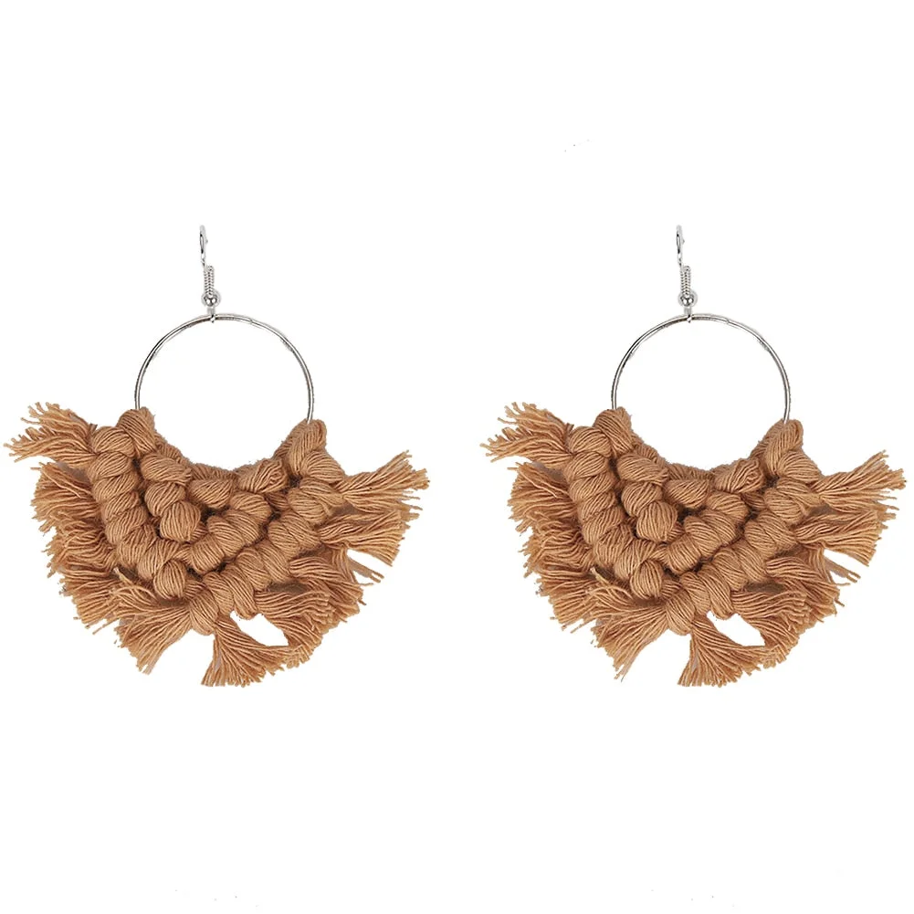 Dvacaman Bohemian Rainbow Handmade Macrame Earrings for Women Cotton Thread Feather Fringe Tassel Dangle Earrings Ethnic Jewelry