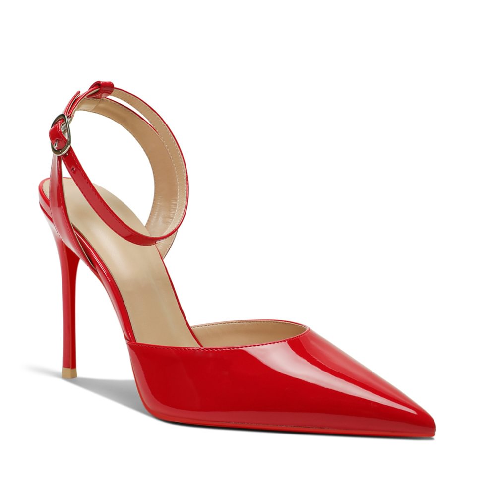 100mm Women's Slingback Ankle Buckle Pointed Toe Red Bottom Wedding Party High Heels-MERUMOTE