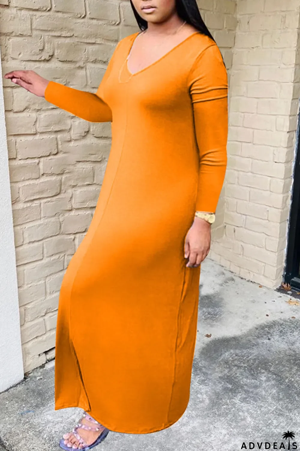 Grey Casual Solid Patchwork V Neck Long Sleeve Plus Size Dresses