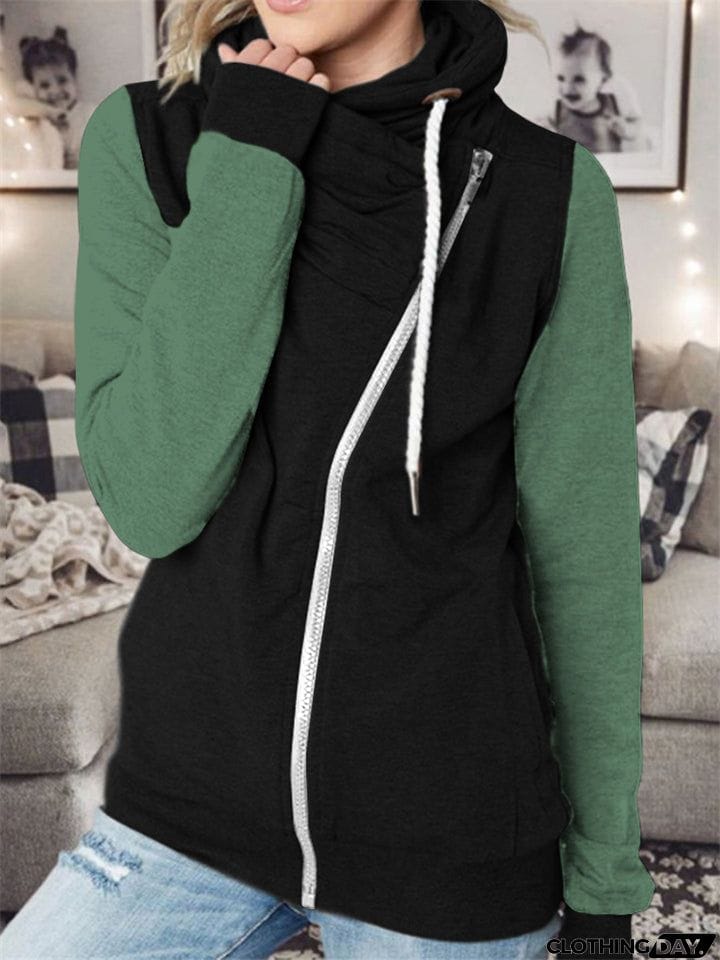 Vogue Personality Contrast Color Zipper Female Hoodies