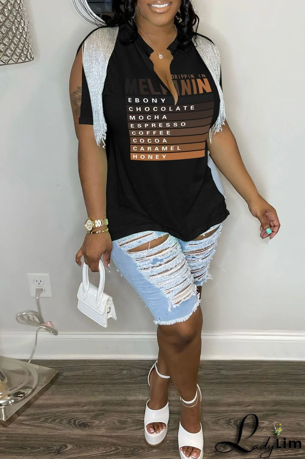 Rose Red Casual Letter Print Tassel Patchwork V Neck T-Shirts