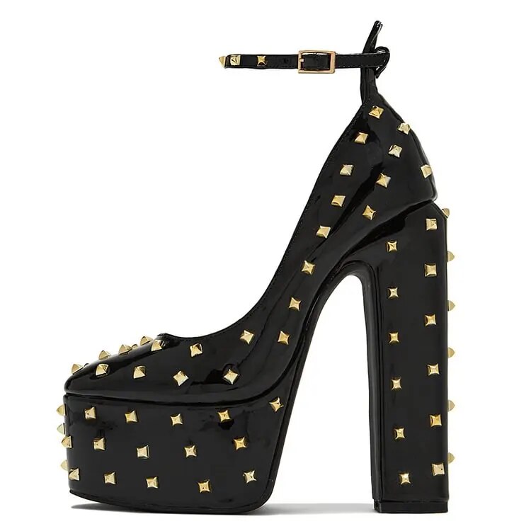 TAAFO Red Ankle Strap Patent Shoes Women's Chunky Heel Platform Rivets Pumps 