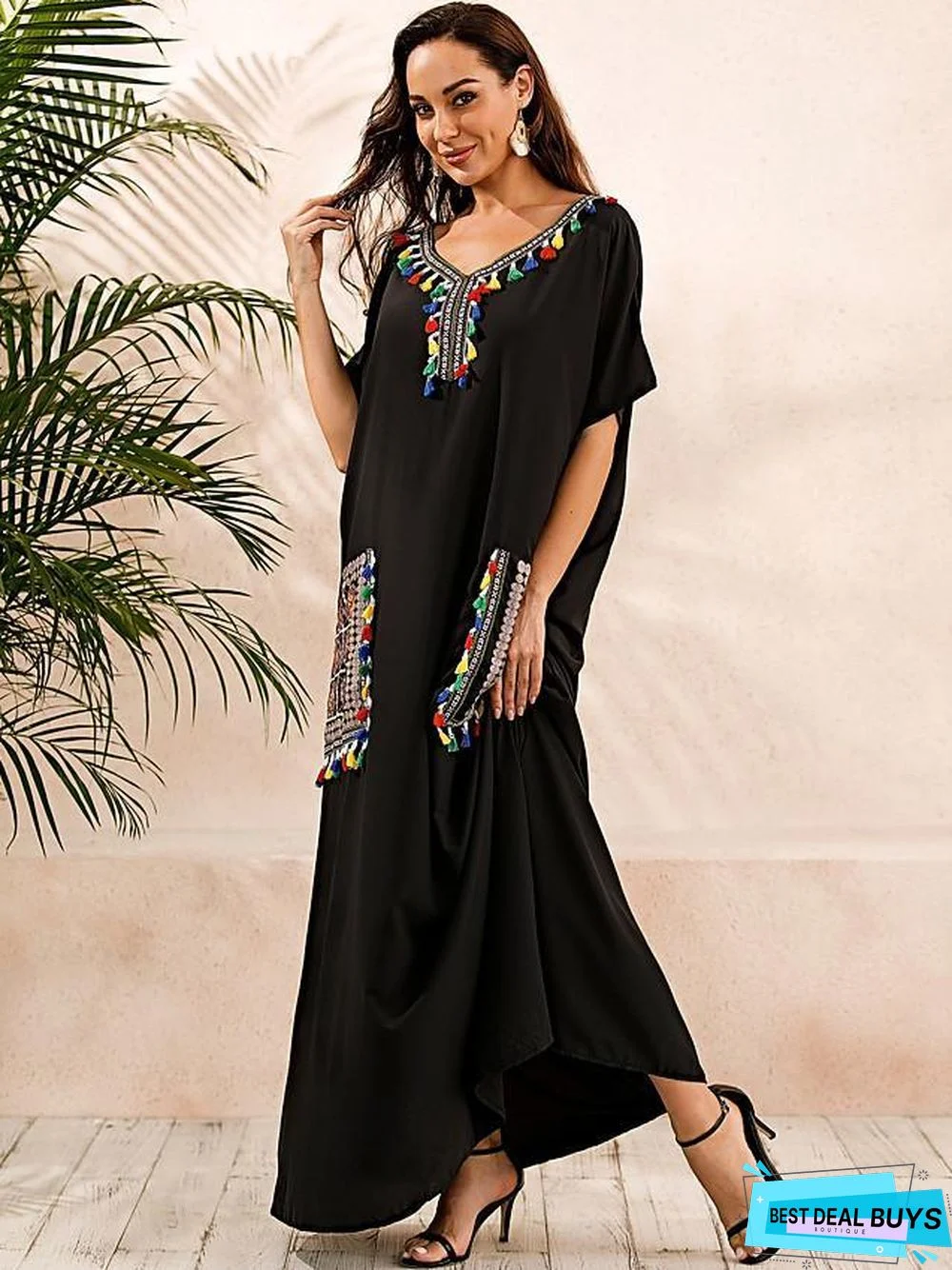 Women's Kaftan Dress Maxi Long Dress Short Sleeve Print Summer Plus Size Hot Casual Boho Vacation Dresses Black Dresses