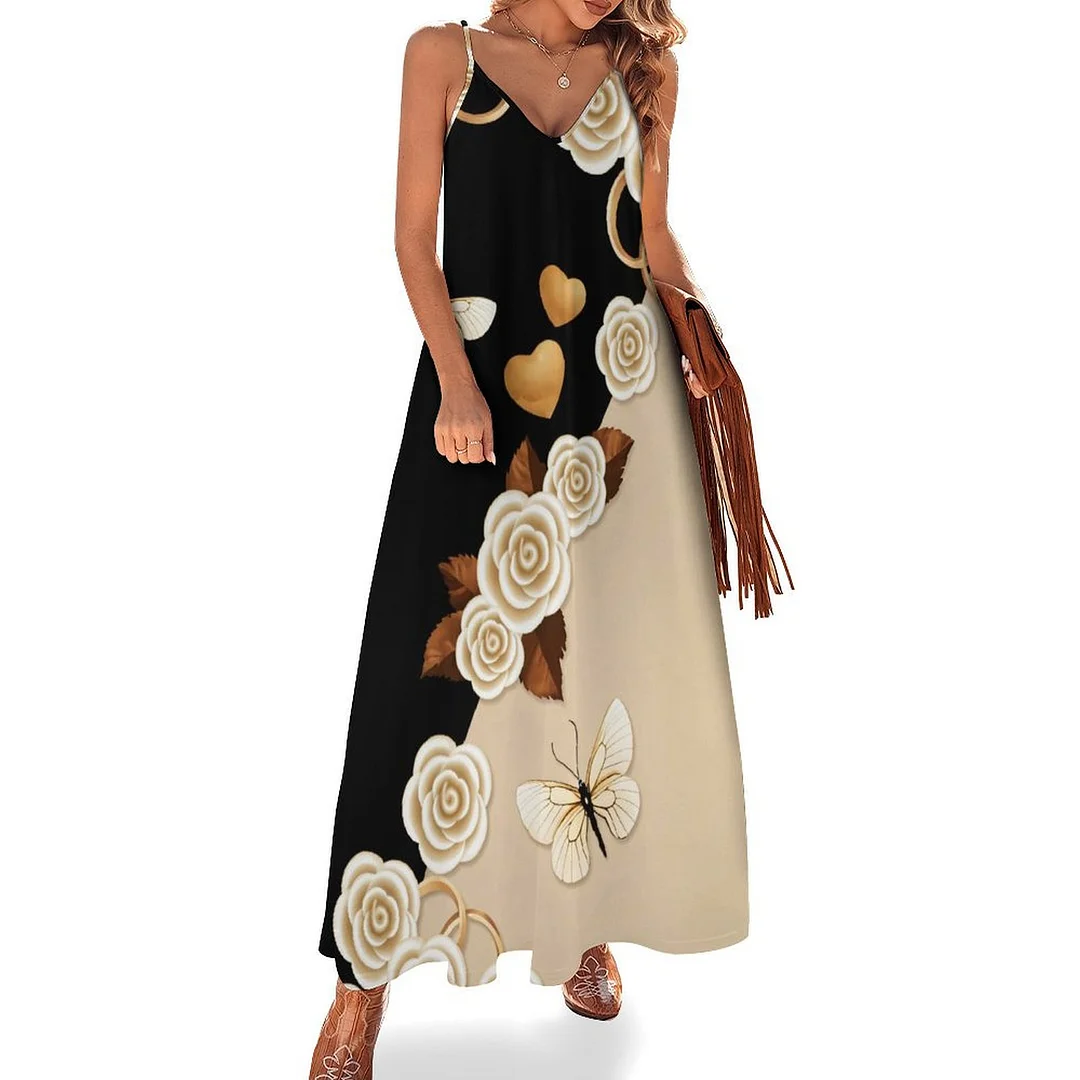 Style & Comfort for Mature Women Plus Size Printed Sling Casual Women Maxi Dress in Pattern Butterfly, Black, Floral, Beige
