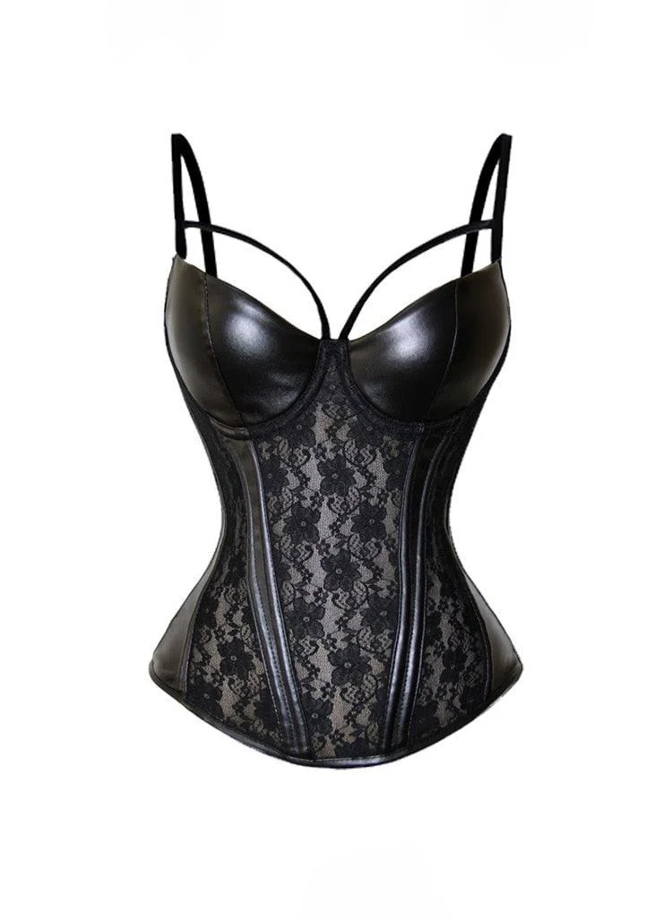 Faux Leather Mesh Lace Corset Top in Black