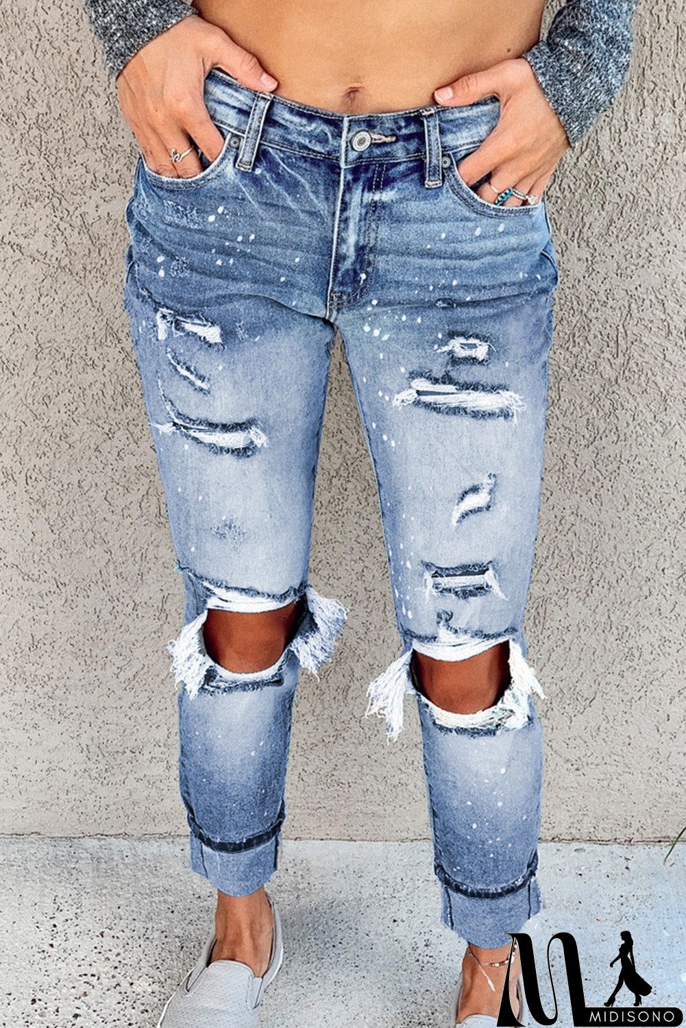 MidiSono - Light Blue Ripped Straight Leg Jeans