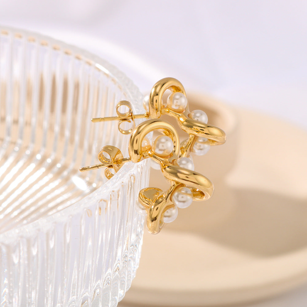 IG Style Pearl Irregular Knot Bowknot Crown Geometric U-Shape Stainless Steel Electroplating Earrings