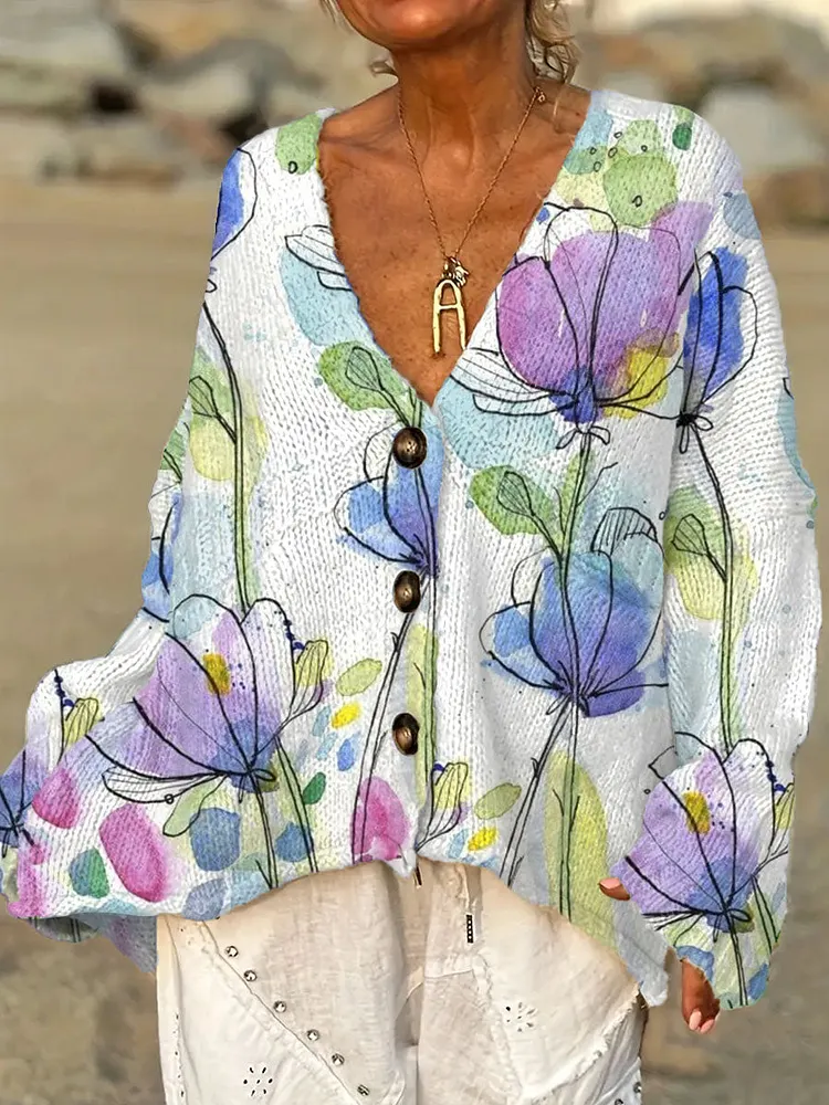 Women's Vintage Flower Art Print Casual Pullover Sweater