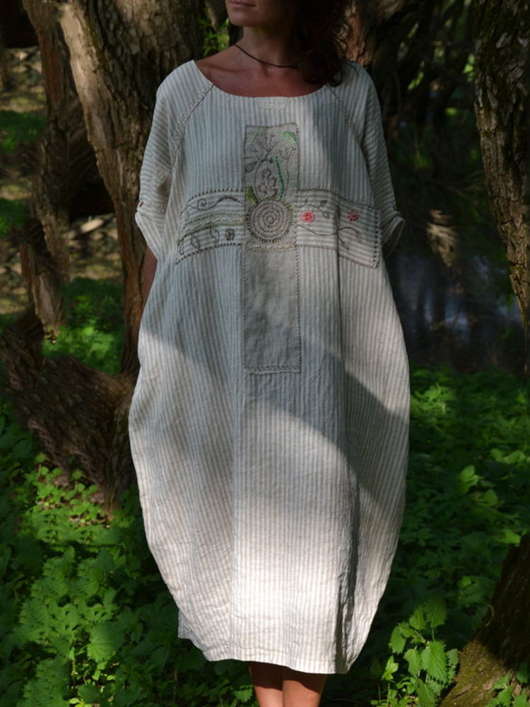 Comstylish Floral Cross Embroidery Art Loose Cotton Linen Maxi Dress