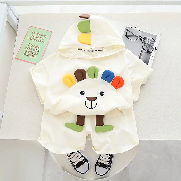 2pcs Baby Boy/Girl Summer 3D Colorful Bear Hooded T-shirt & White Shorts Set