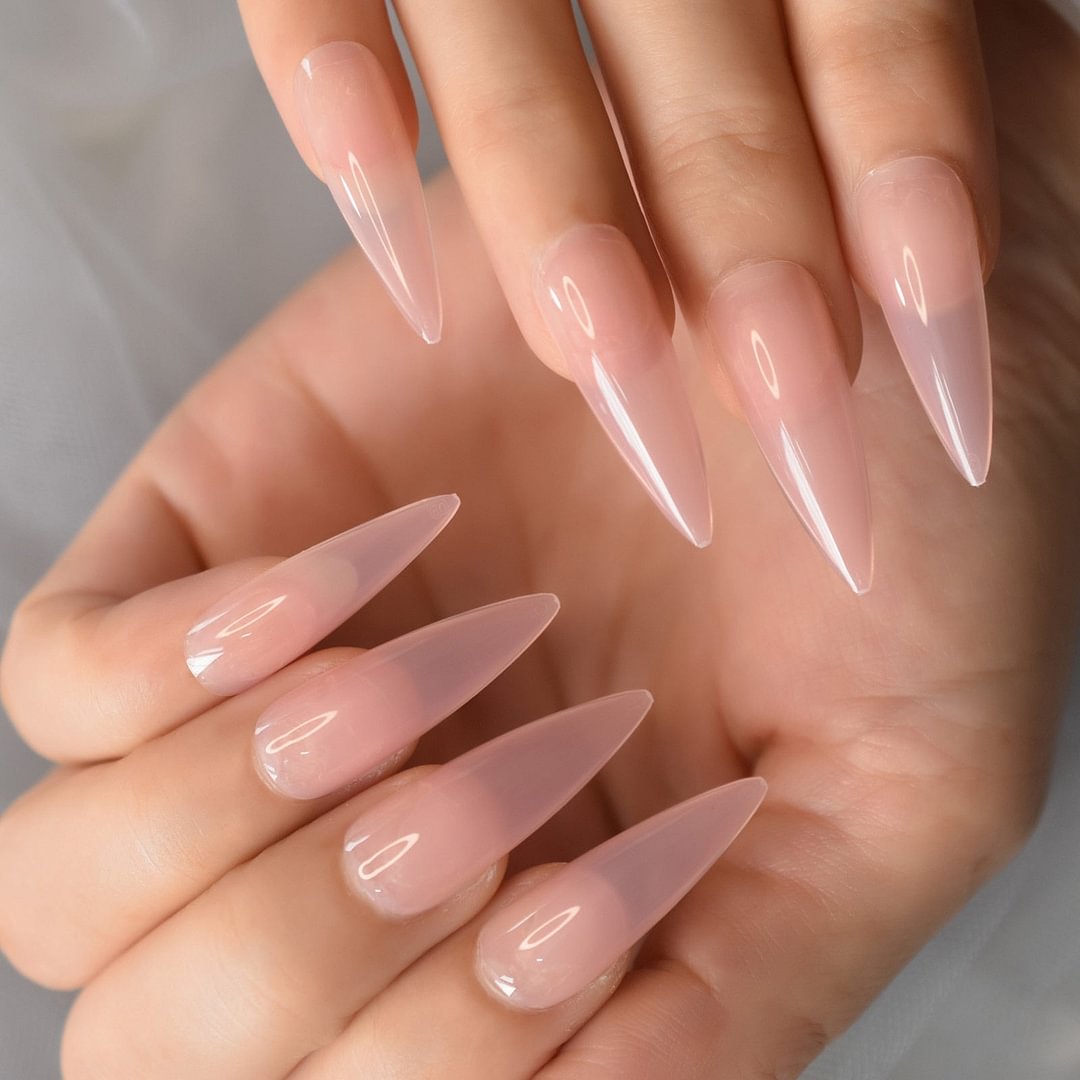 Long Stiletto Nude Pink Faux Ongles Fake Nails Sharp Glossy Gel Nail Tips Full Cover Solid Color Press On False Nail Salon