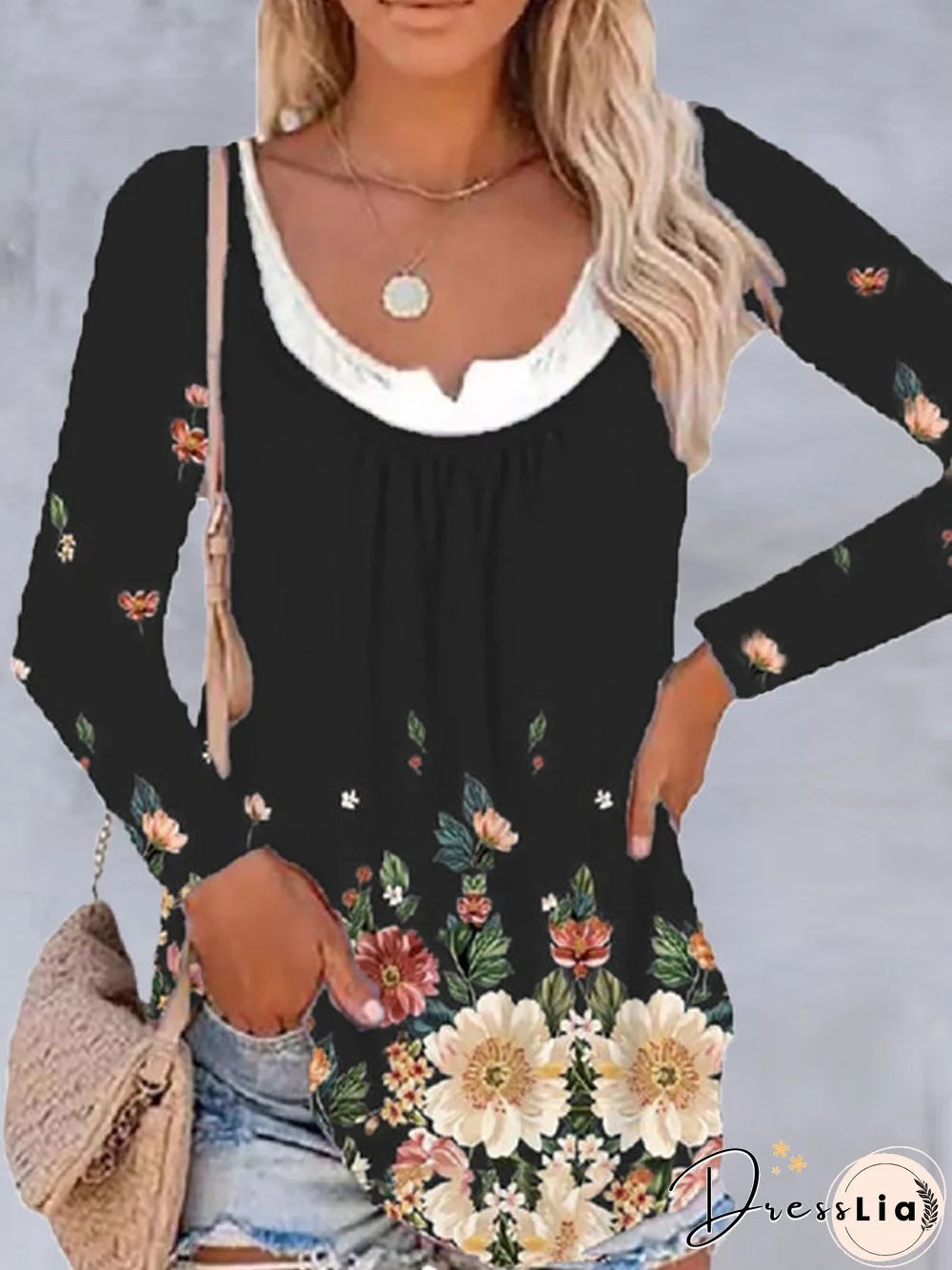 Floral Printed Romantic Ruched Loosen Tunic Long Sleeve T-shirt