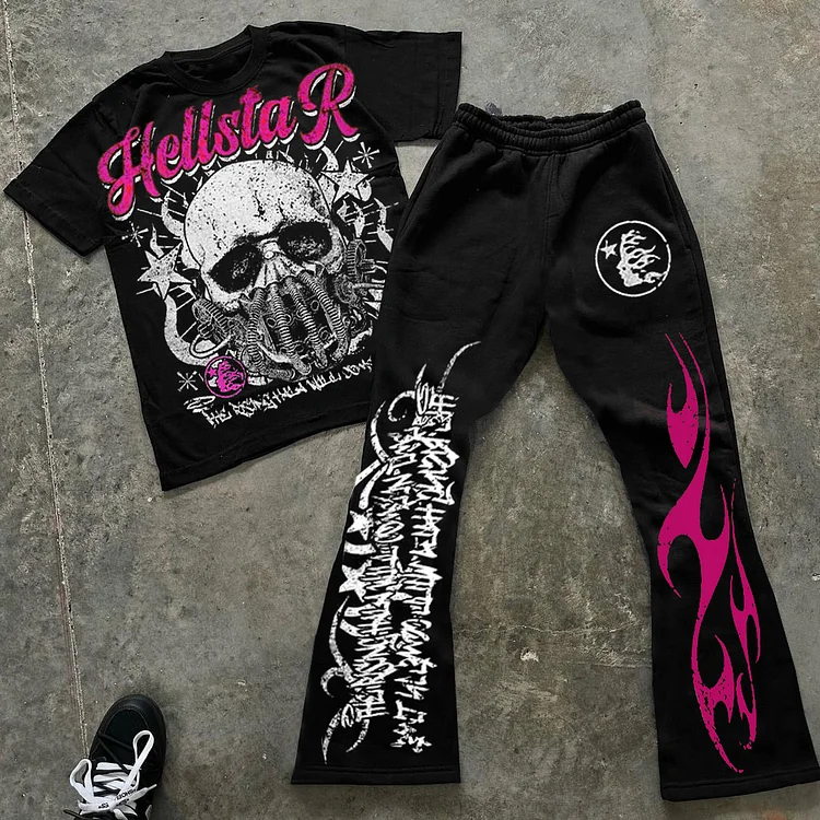Hellstar Flame Skull Graphics Short Sleeve Tee & Flared Trousers Two Piece Set
