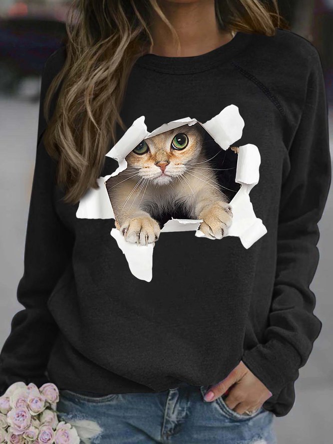 Women Cat Animal Pattern Loose Crew Neck Casual Sweatshirts