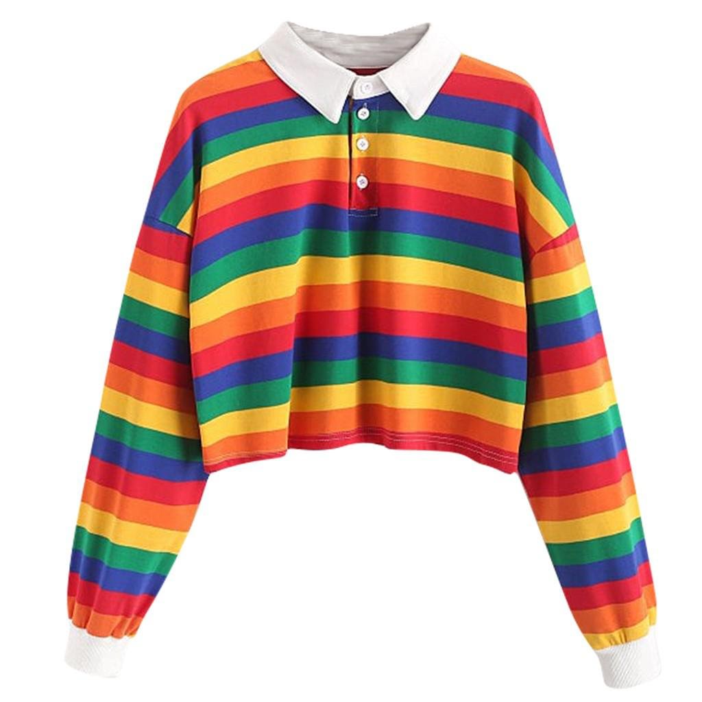 2021 New  Women Spring Blouse Ladies Girls Rainbow Colorful Stripes Fashion Shirts Female Cloth Top And Blouses