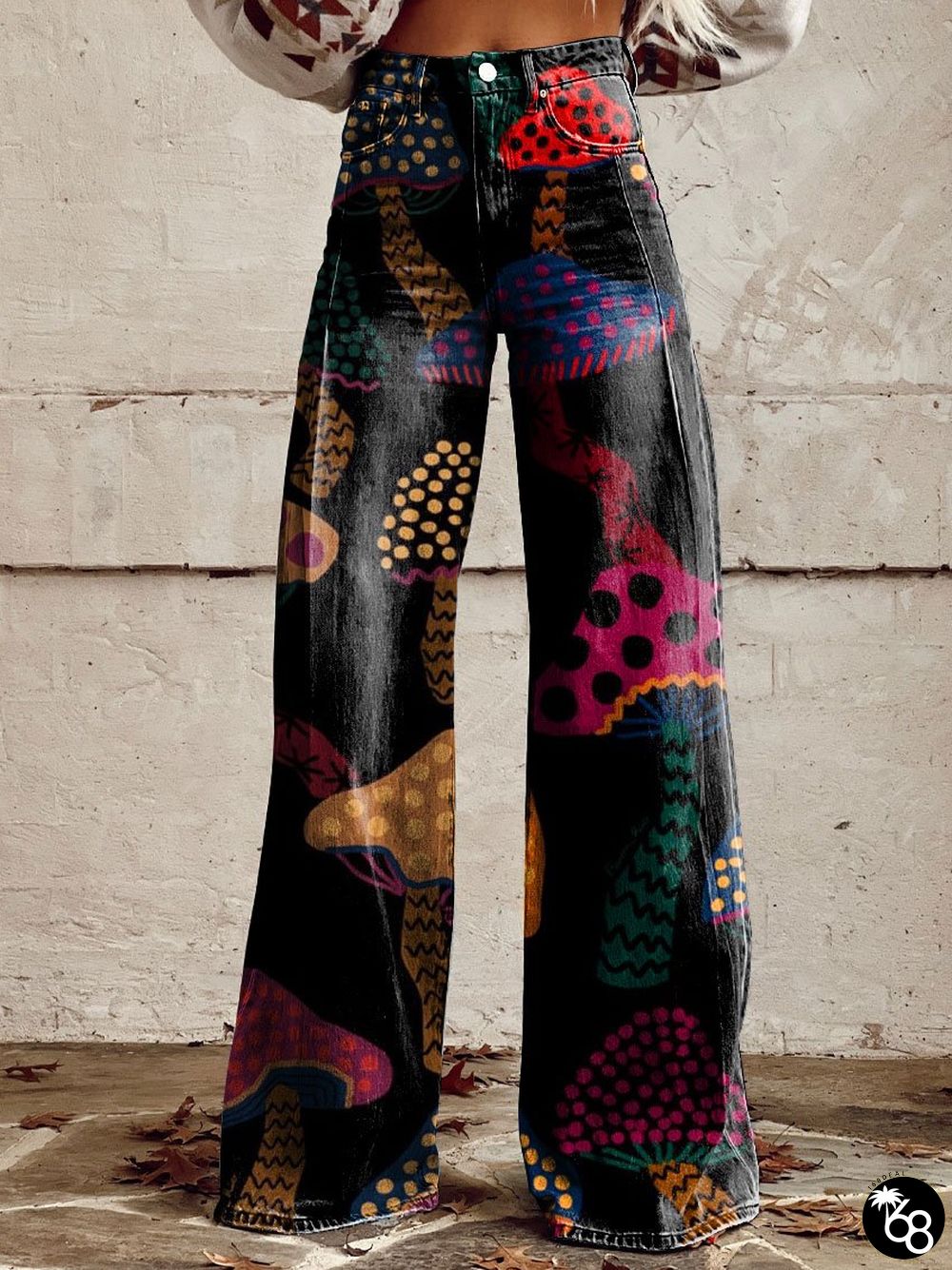 Women's Vintage Mushroom Print Casual Wide Leg Pants | 168DEAL