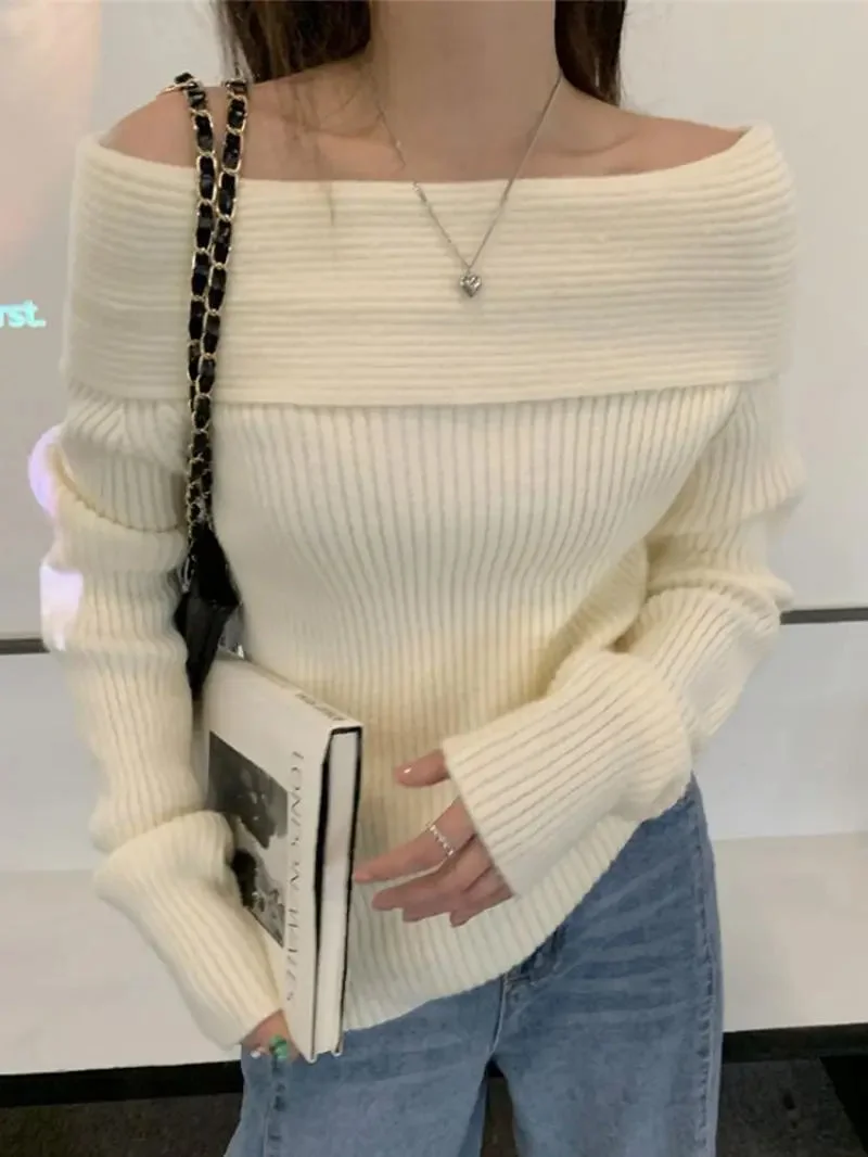 Brownm Off Shoulder Knitted Sweater