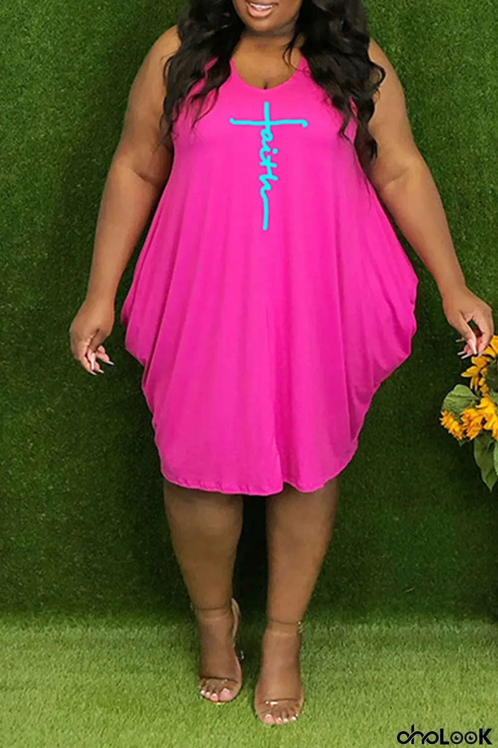 Pink Casual Print Split Joint V Neck Vest Dress Plus Size Dresses